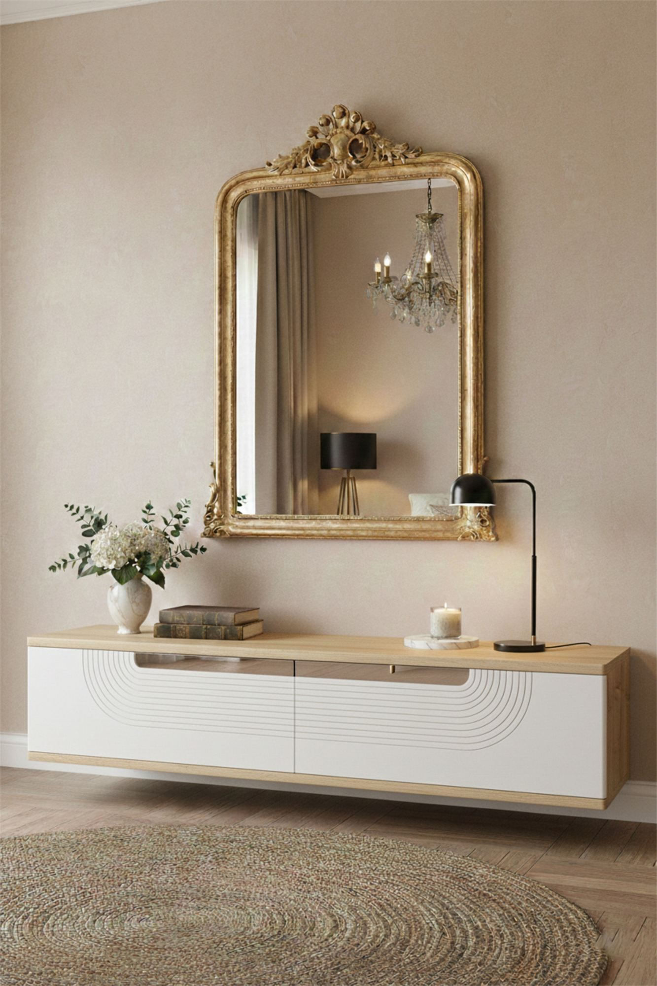 Comodă dormitor Meyra 120, 120 x 25,5 x 29,6 cm, stejar safir alb argintiu, PAL melaminat, oglindă — imaginea 6
