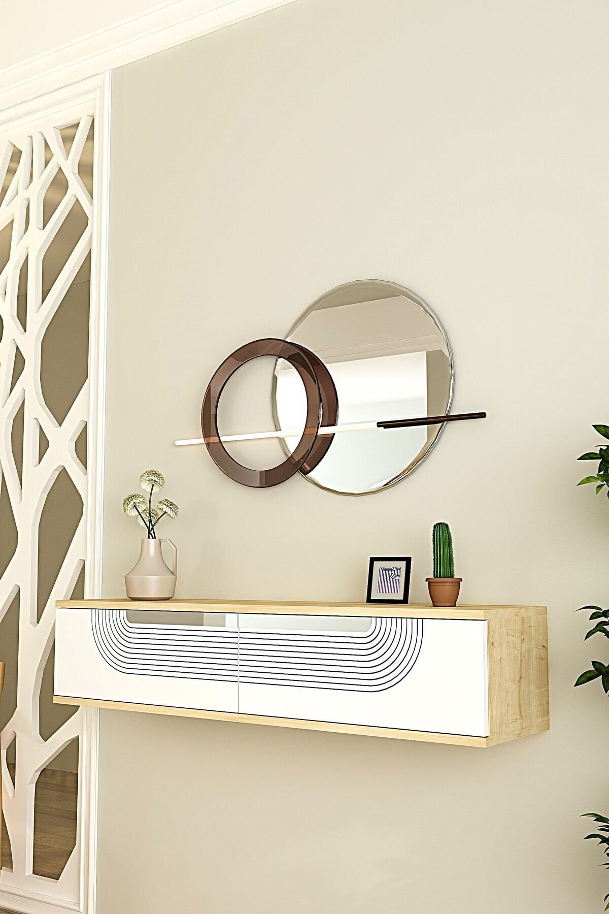 Comodă dormitor Meyra 120, 120 x 25,5 x 29,6 cm, stejar safir alb argintiu, PAL melaminat, oglindă — imaginea 7