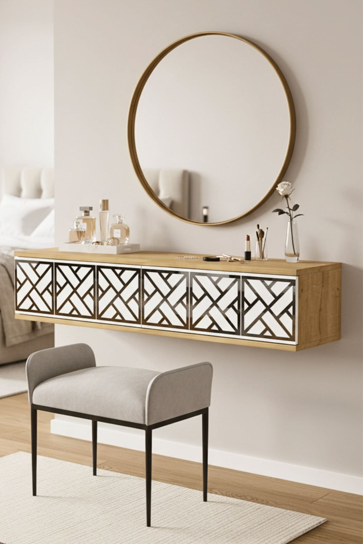 Comodă dormitor Arex 120, 120 x 25,5 x 29,6 cm, stejar safir alb argintiu, PAL melaminat, oglindă — imaginea 5
