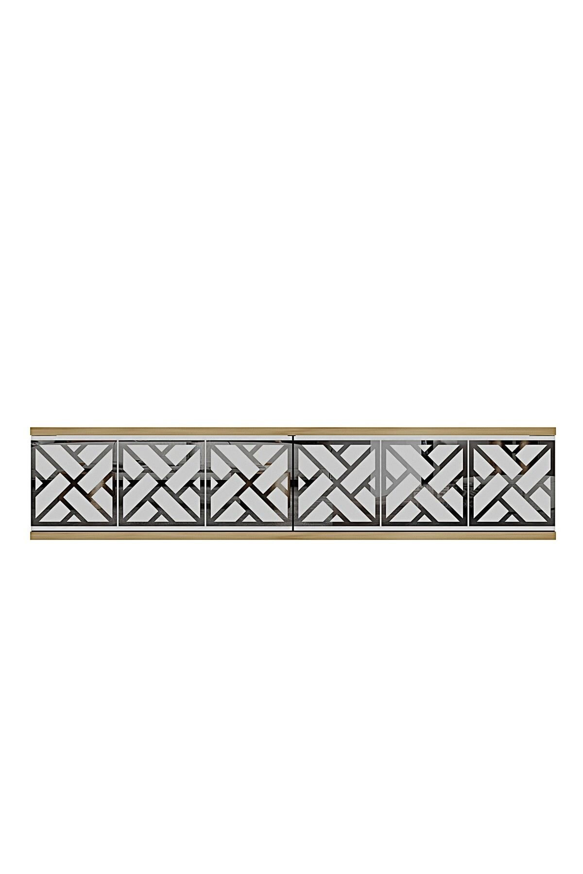 Comodă dormitor Arex 120, 120 x 25,5 x 29,6 cm, stejar safir alb argintiu, PAL melaminat, oglindă — imaginea 6