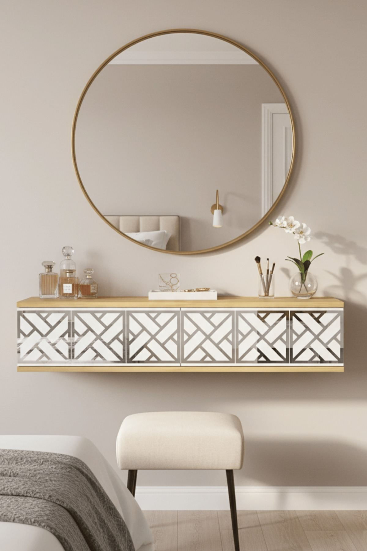 Comodă dormitor Arex 120, 120 x 25,5 x 29,6 cm, stejar safir alb argintiu, PAL melaminat, oglindă — imaginea 7