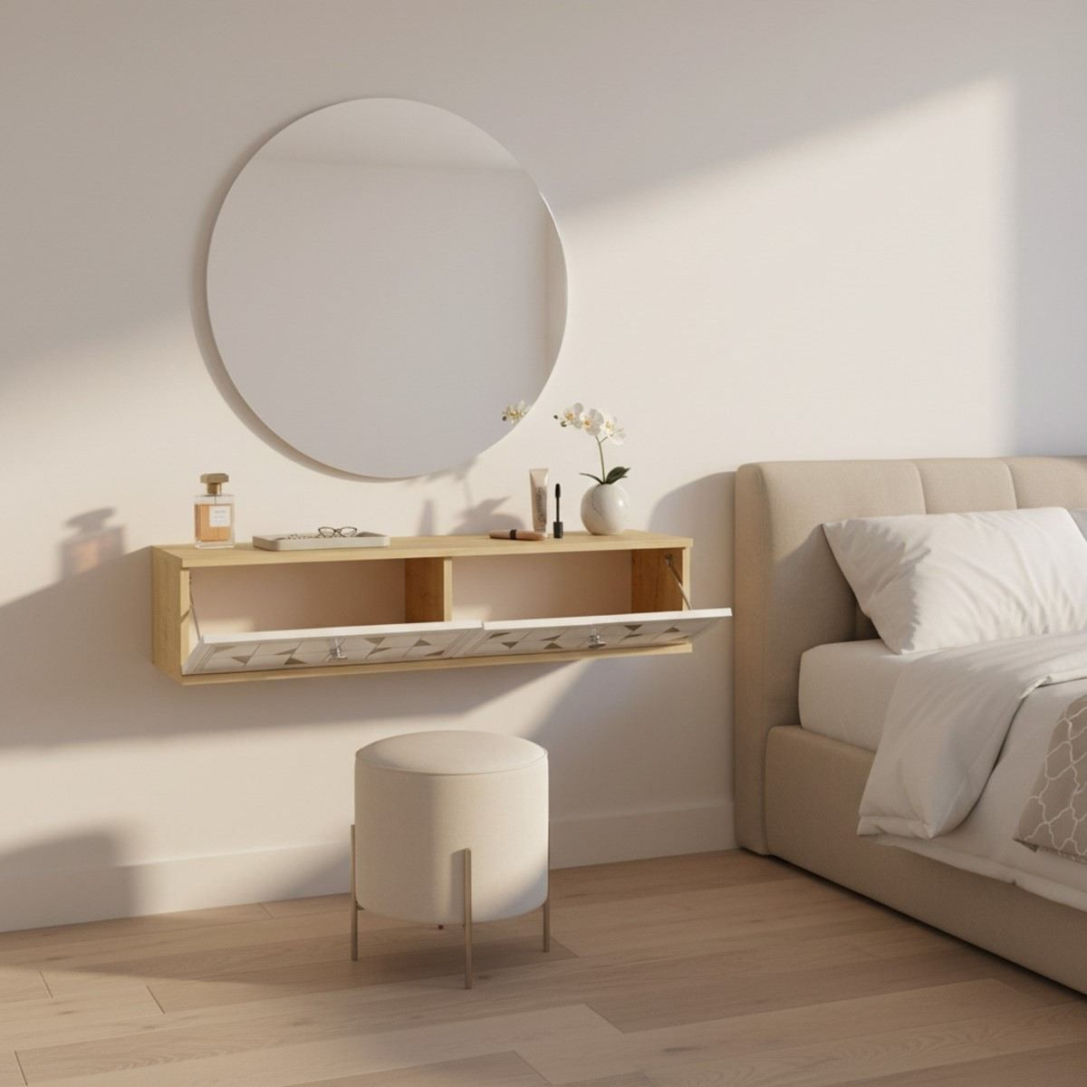 Comodă dormitor Moka 120, 120 x 25,5 x 29,6 cm, stejar safir alb argintiu, PAL melaminat, oglindă — imaginea 3
