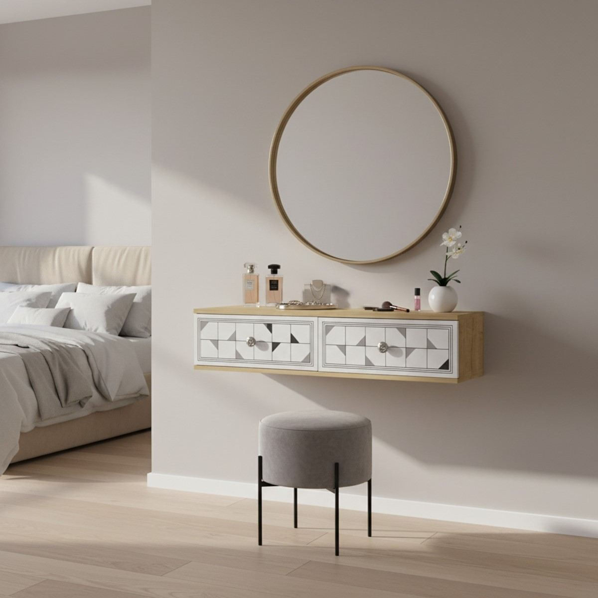 Comodă dormitor Moka 120, 120 x 25,5 x 29,6 cm, stejar safir alb argintiu, PAL melaminat, oglindă — imaginea 4