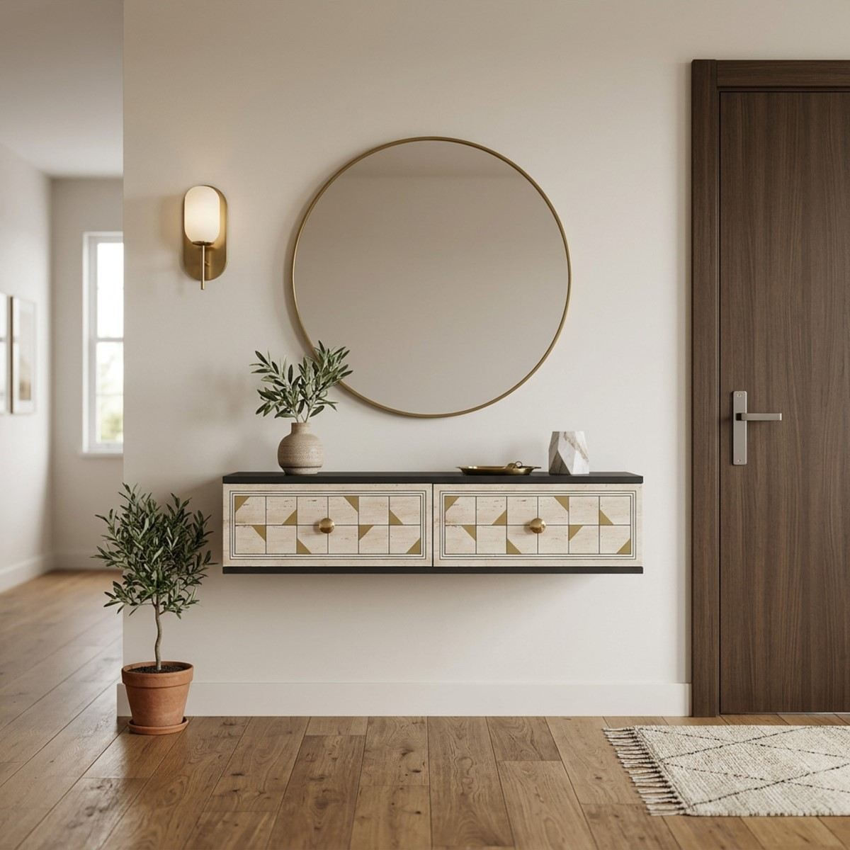 Comodă dormitor Moka 120, 120 x 25,5 x 29,6 cm, antracit travertin auriu, PAL melaminat, oglindă — imaginea 3