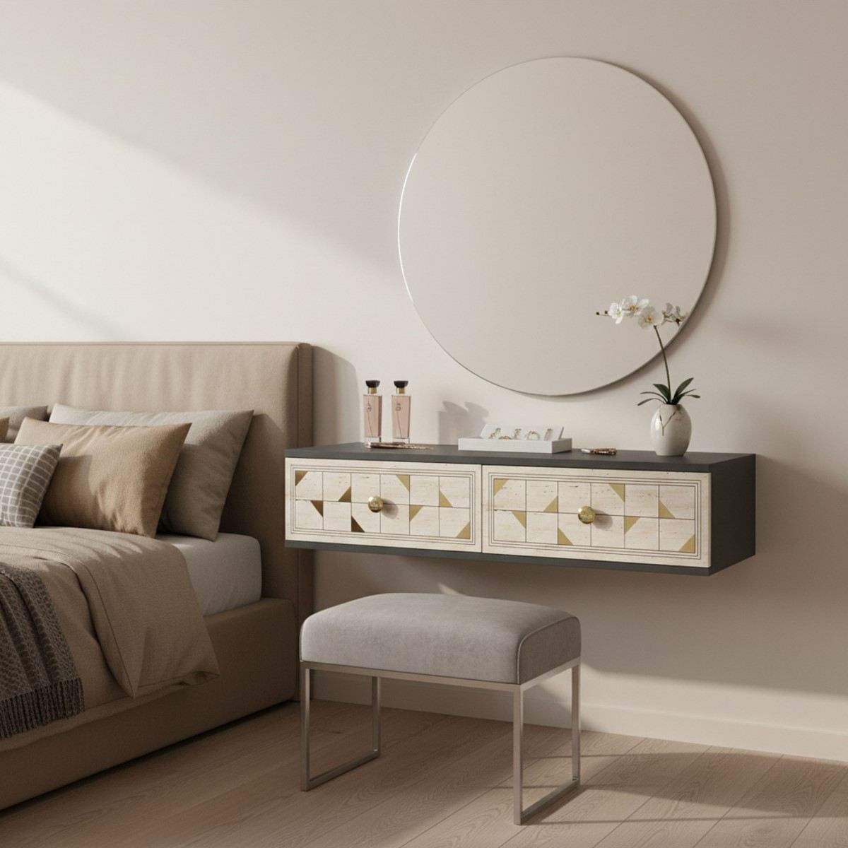 Comodă dormitor Moka 120, 120 x 25,5 x 29,6 cm, antracit travertin auriu, PAL melaminat, oglindă — imaginea 6