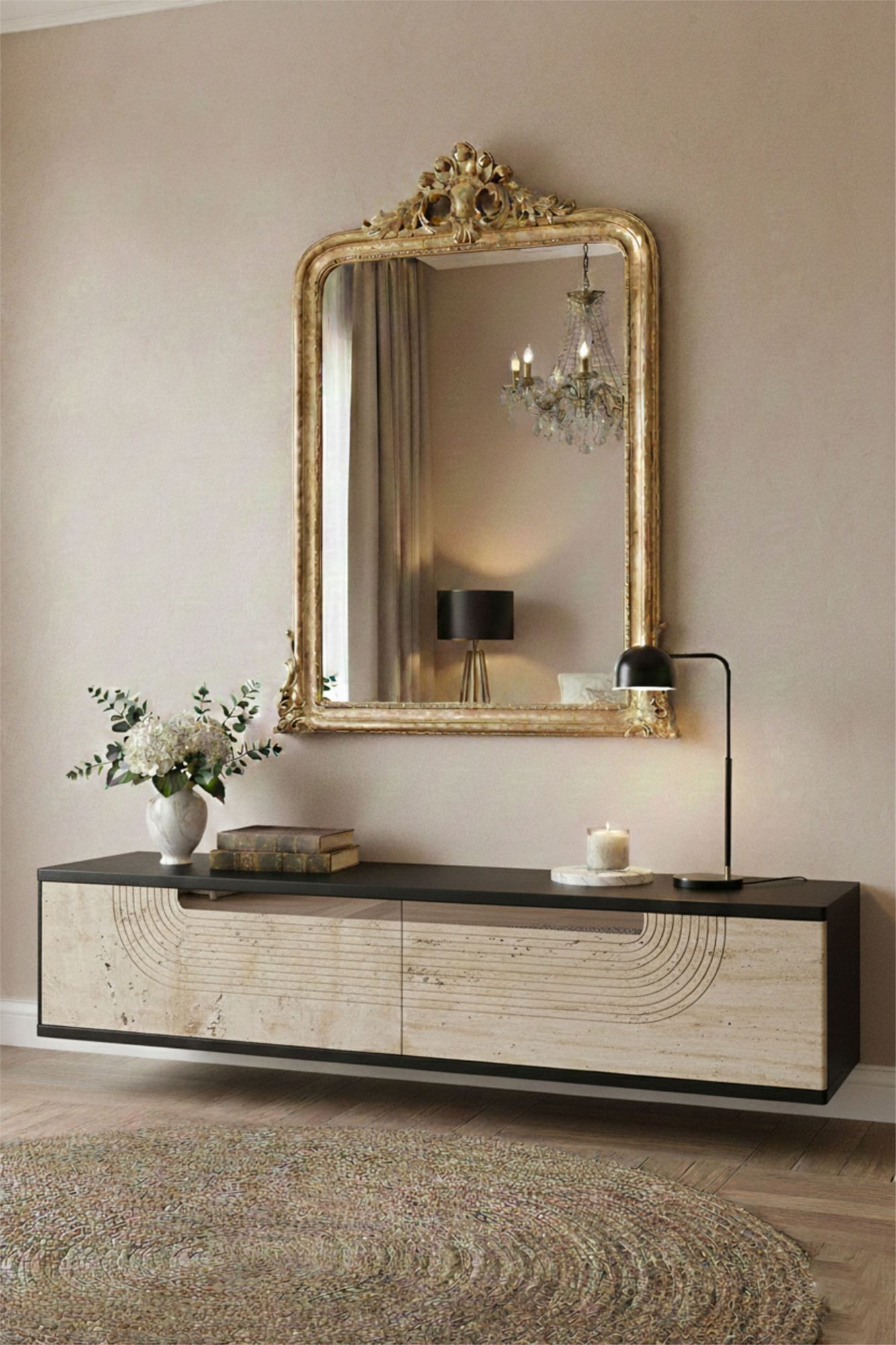 Comodă dormitor Meyra 120, 120 x 25,5 x 29,6 cm, antracit travertin argintiu, PAL melaminat, oglindă — imaginea 4
