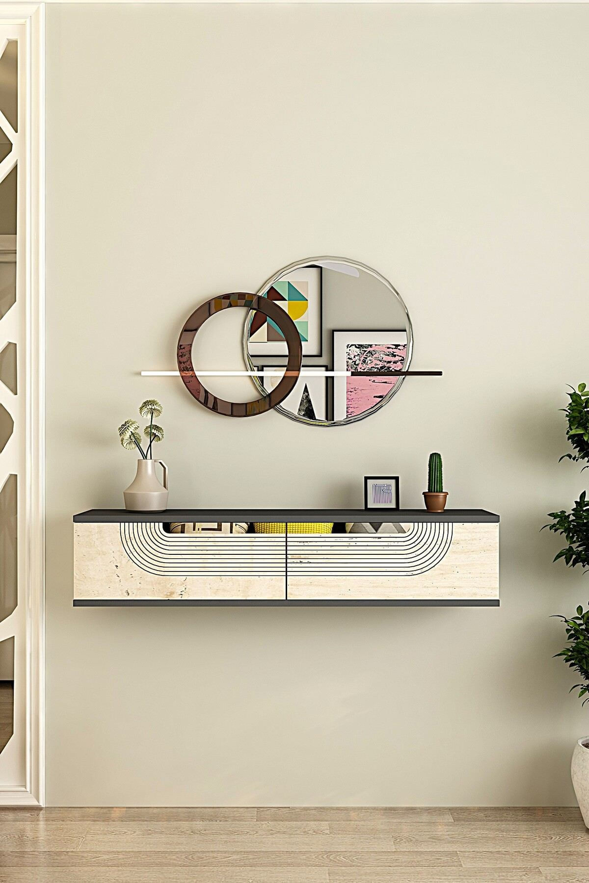 Comodă dormitor Meyra 120, 120 x 25,5 x 29,6 cm, antracit travertin argintiu, PAL melaminat, oglindă — imaginea 5