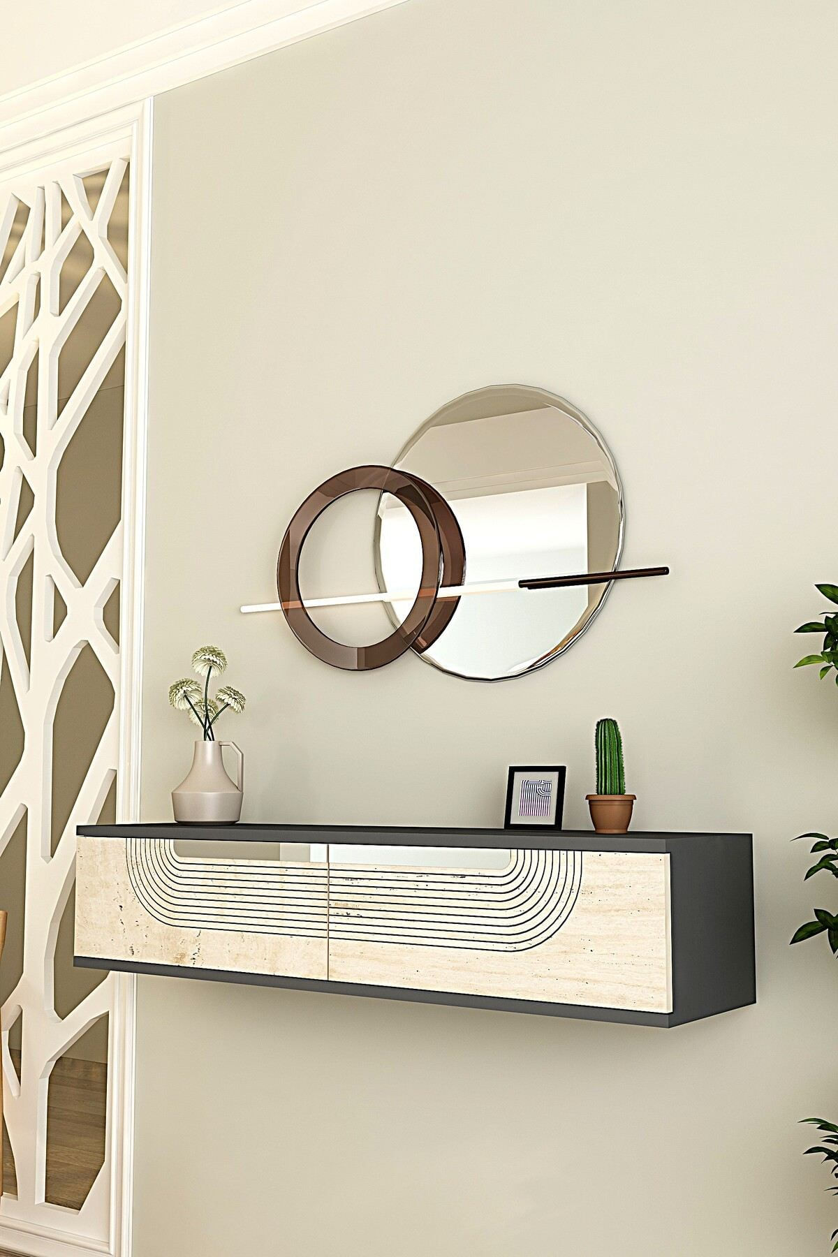 Comodă dormitor Meyra 120, 120 x 25,5 x 29,6 cm, antracit travertin argintiu, PAL melaminat, oglindă — imaginea 6