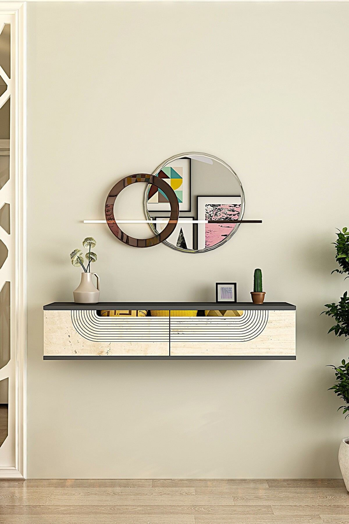 Comodă dormitor Meyra 120, 120 x 25,5 x 29,6 cm, antracit travertin auriu, PAL melaminat, oglindă — imaginea 3