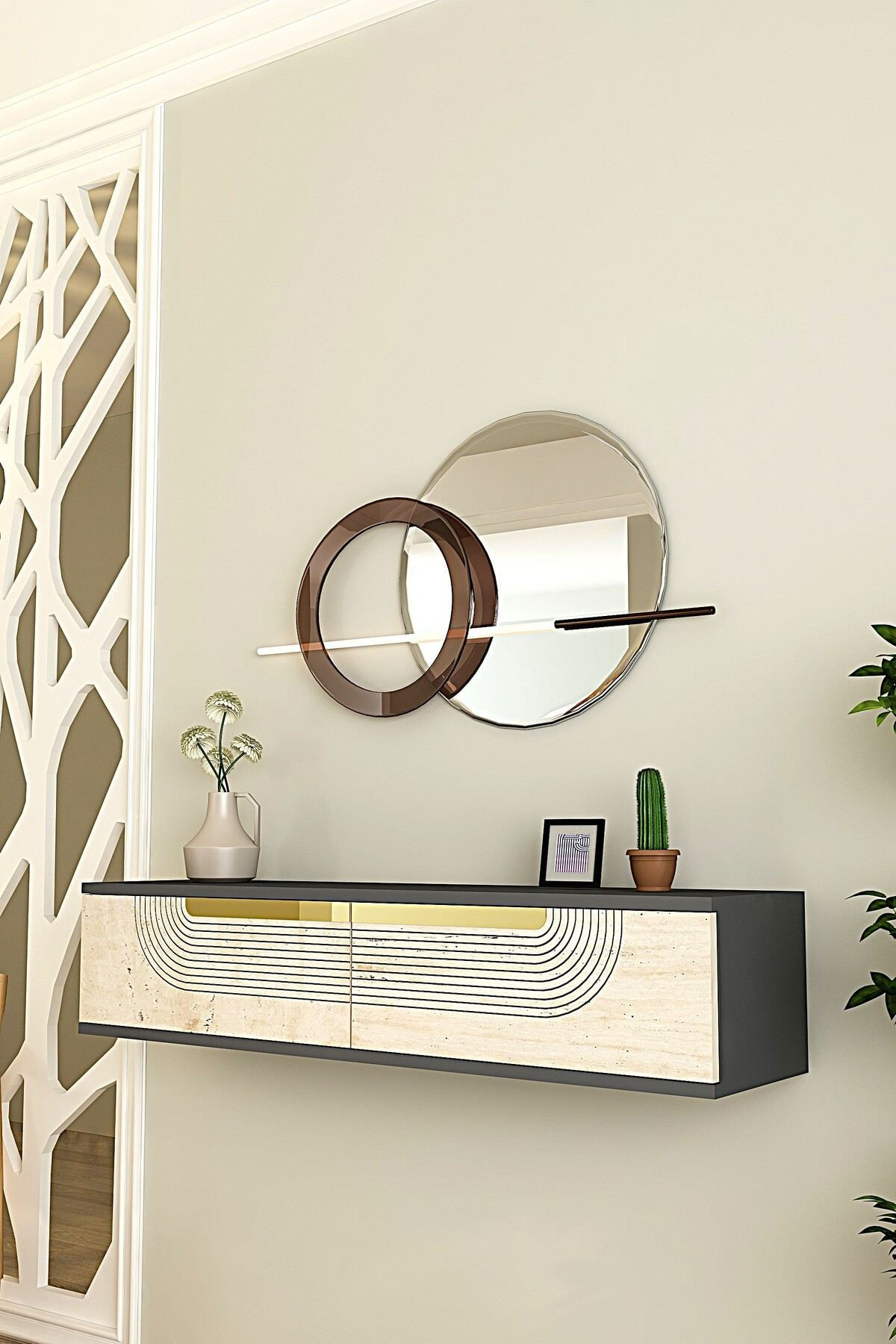 Comodă dormitor Meyra 120, 120 x 25,5 x 29,6 cm, antracit travertin auriu, PAL melaminat, oglindă — imaginea 4