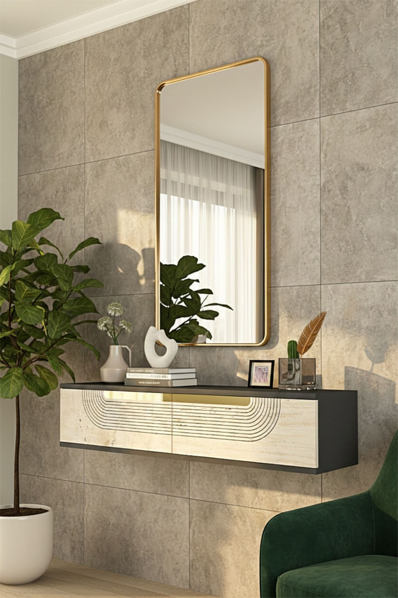 Comodă dormitor Meyra 120, 120 x 25,5 x 29,6 cm, antracit travertin auriu, PAL melaminat, oglindă — imaginea 7