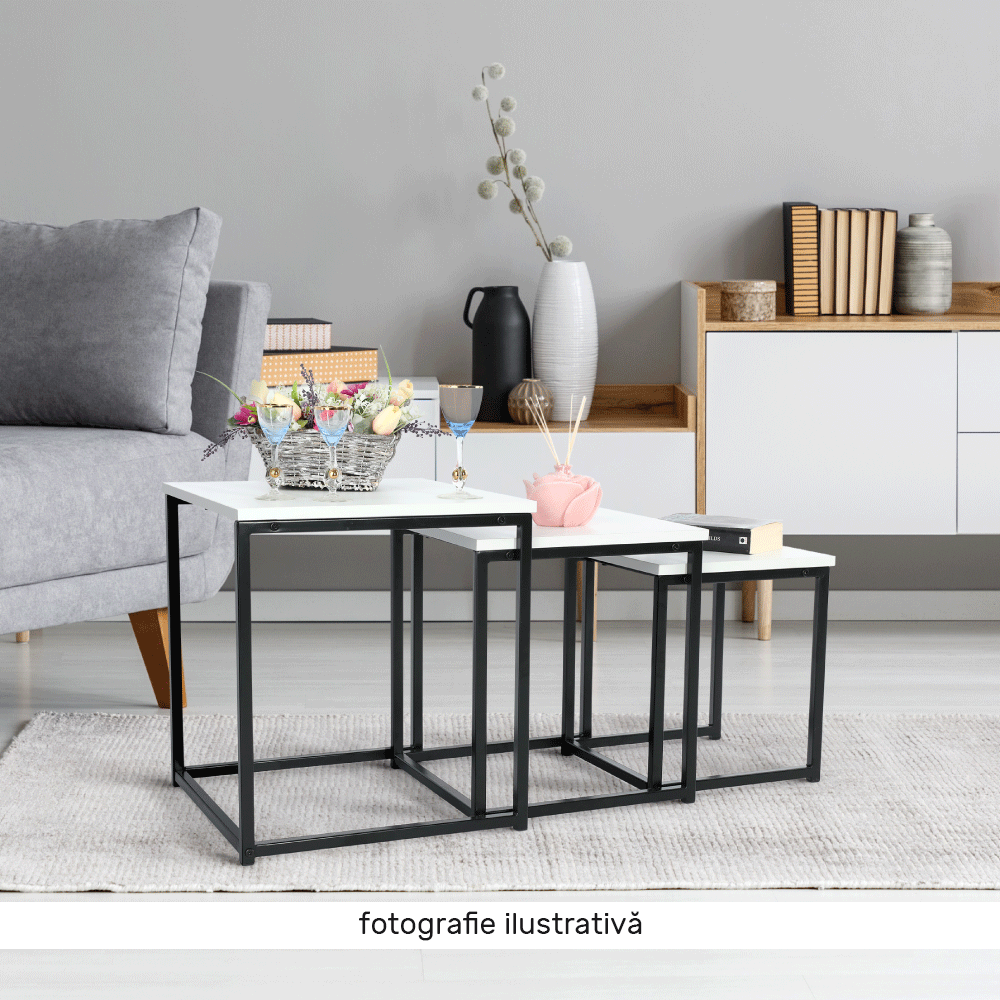 Set 3 masute de cafea, alb mat/negru, KASTLER NEW TYP 3 — imaginea 3