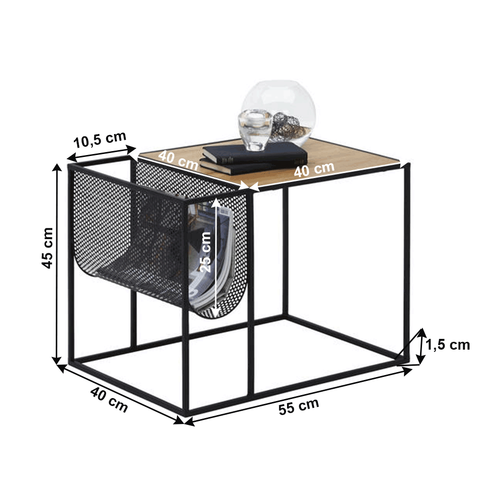 Masa laterala, din metal / MDF, negru / stejar, FLYN — imaginea 3