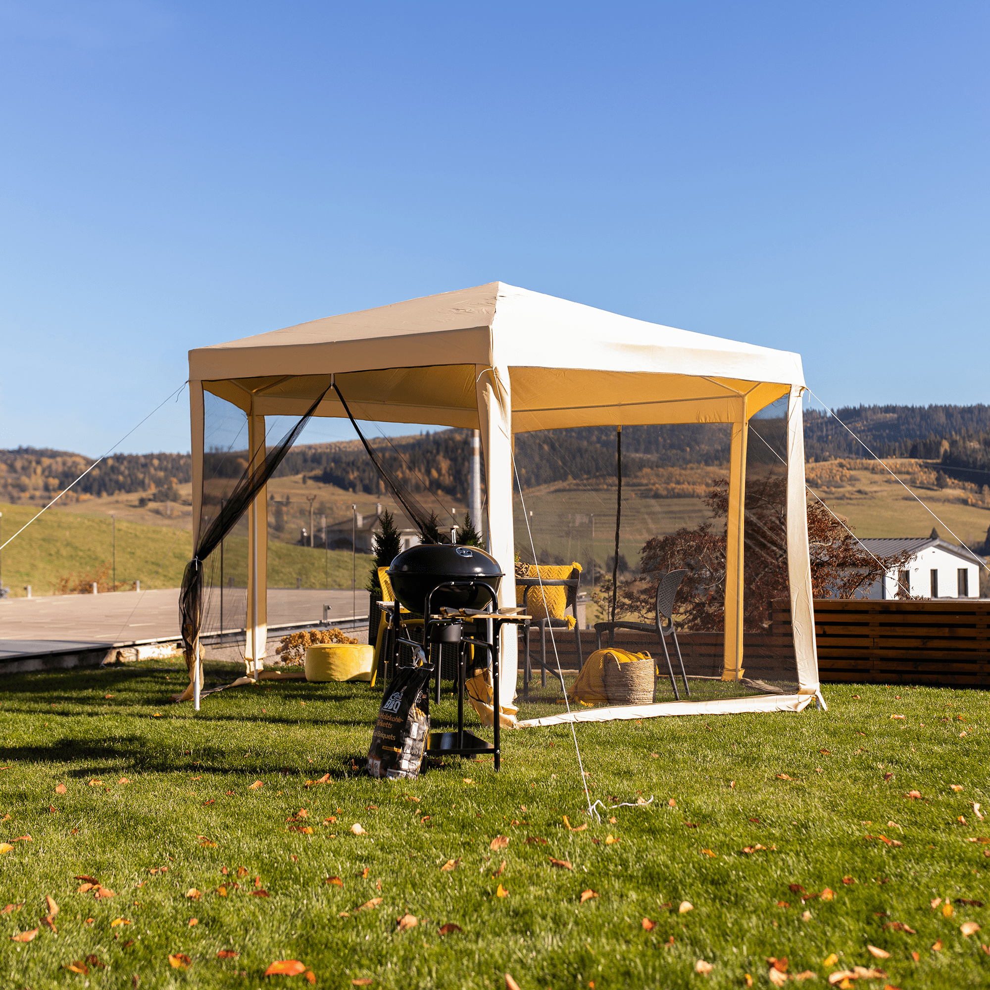 Pavilion cort pentru gradina, 3,9x2,5x3,9m, bej / negru, RINGE TIP 2 + 6 laturi — imaginea 8