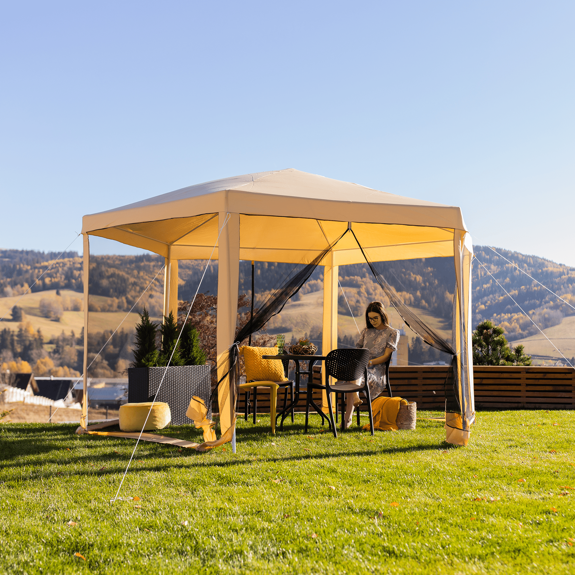 Pavilion cort pentru gradina, 3,9x2,5x3,9m, bej / negru, RINGE TIP 2 + 6 laturi — imaginea 9
