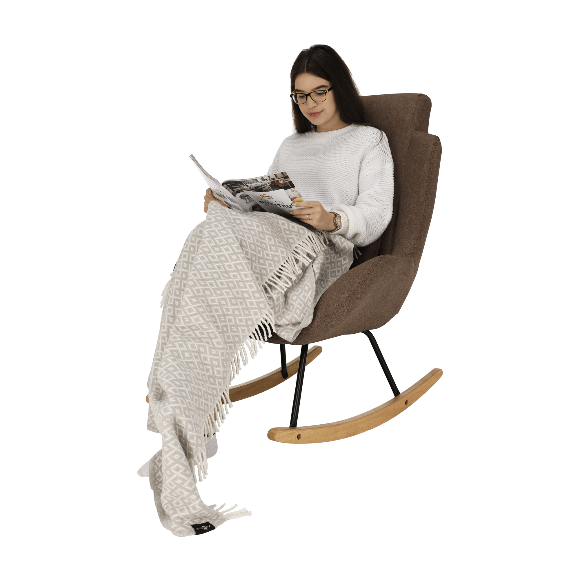 Fotoliu balansoar, material textil maro deschis/lemn, HARPER — imaginea 14