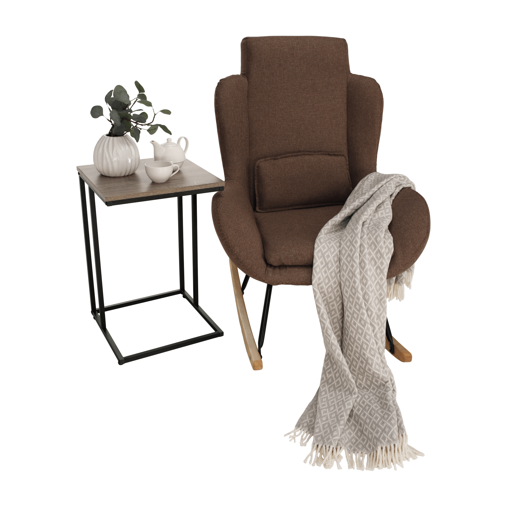Fotoliu balansoar, material textil maro deschis/lemn, HARPER — imaginea 15