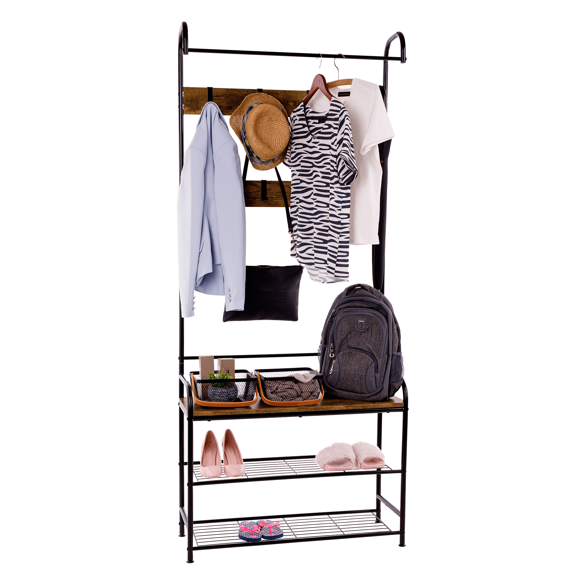 Raft pentru pantofi, lemn rustic si metal negru / MDF, KELAM — imaginea 2