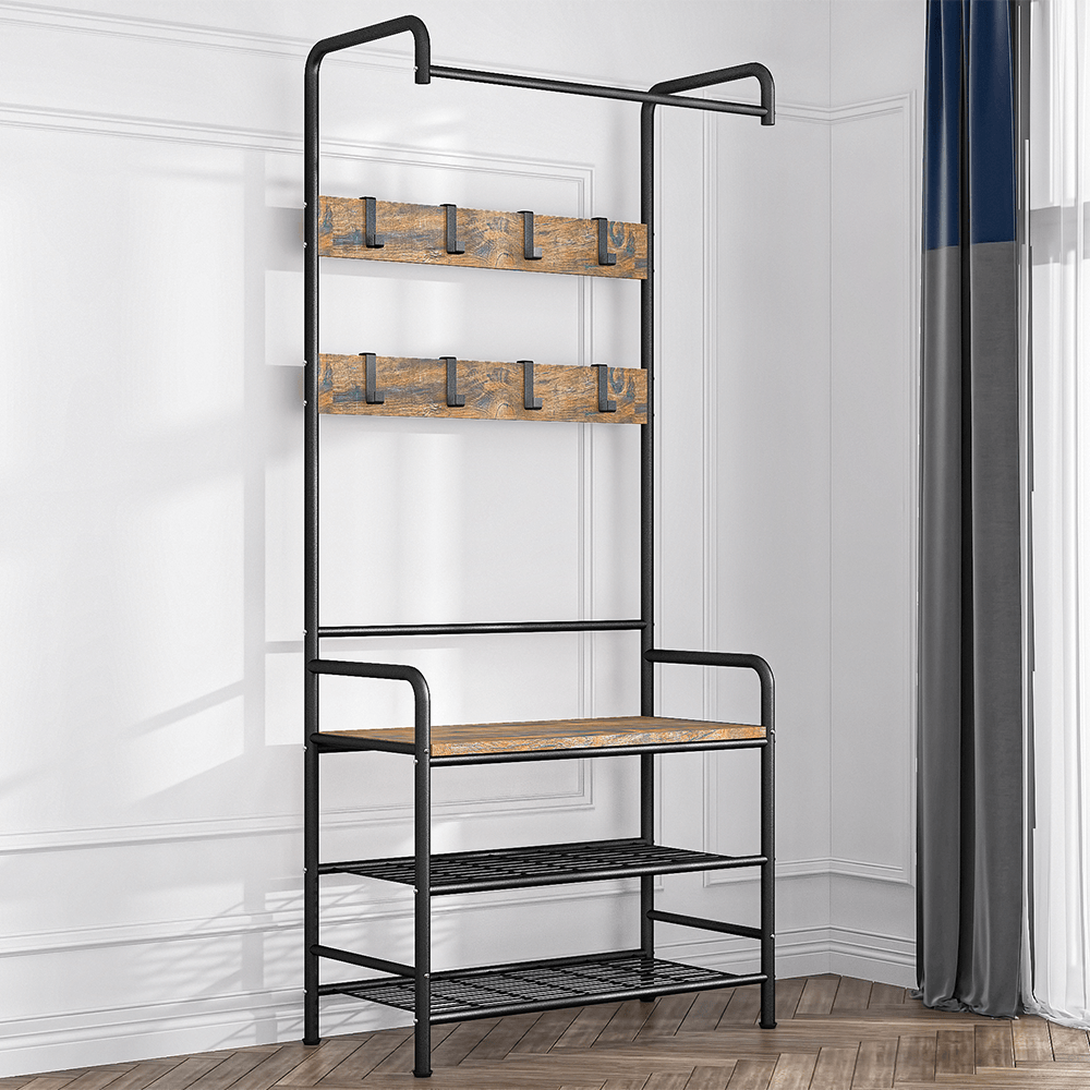 Raft pentru pantofi, lemn rustic si metal negru / MDF, KELAM — imaginea 16