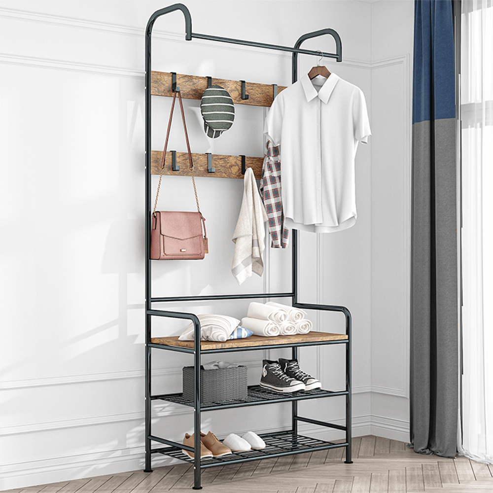 Raft pentru pantofi, lemn rustic si metal negru / MDF, KELAM — imaginea 17