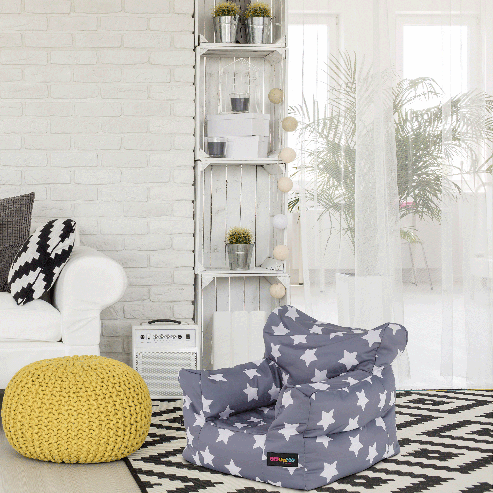 Fotoliu tip puff, gri/alb, model stea, LURKO — imaginea 20