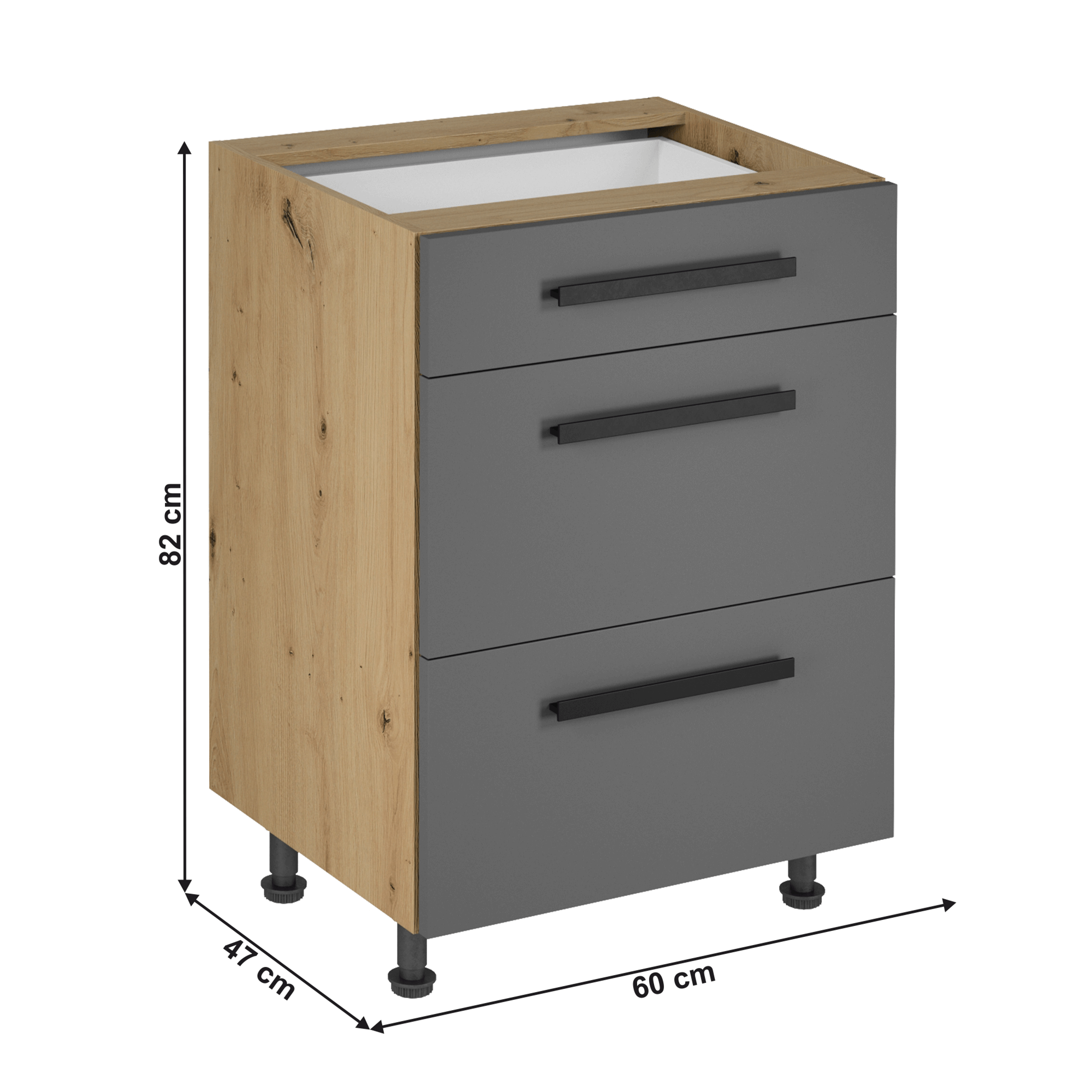 Dulap de jos, stejar artizanal / gri mat, cu maner, LANGEN D60S3 U — imaginea 5