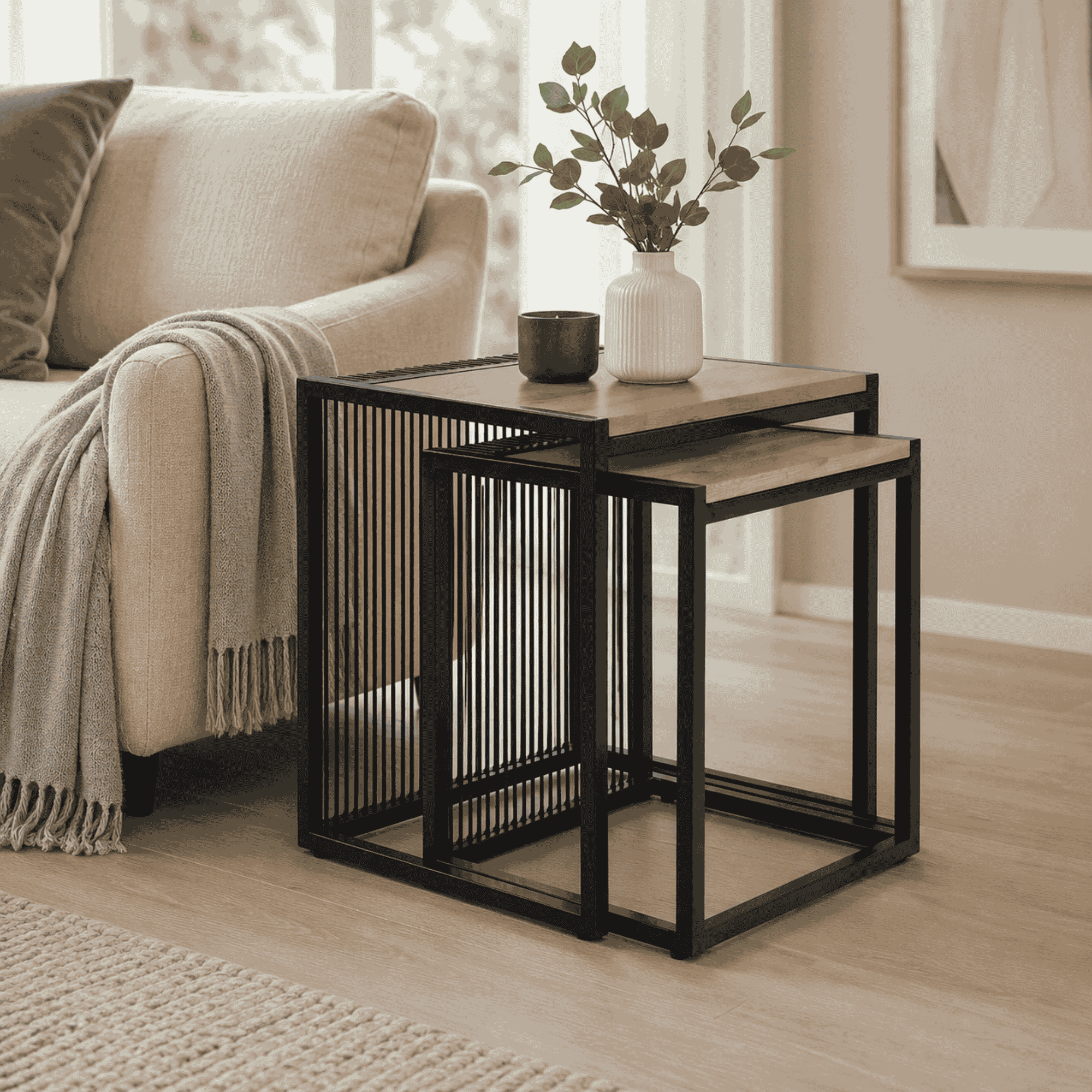 Set a doua masute de cafea, stejar/negru, RIMBO — imaginea 16