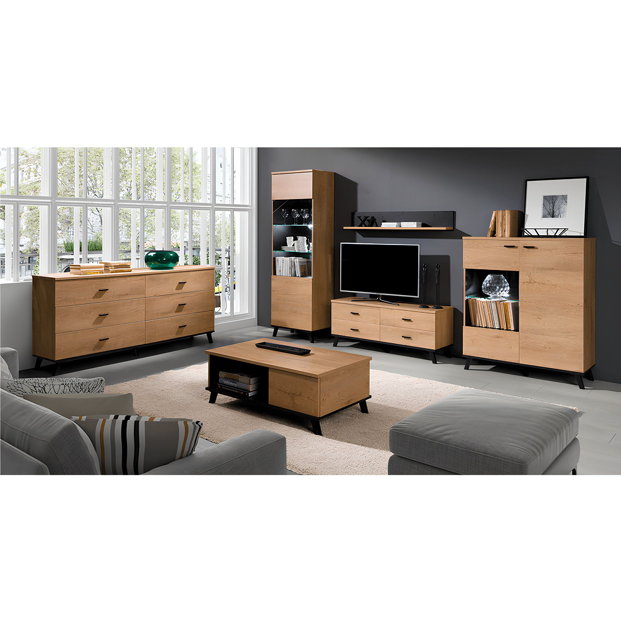 Vitrina, stejar lefkas/negru, SIRAN TYP 2 — imaginea 2