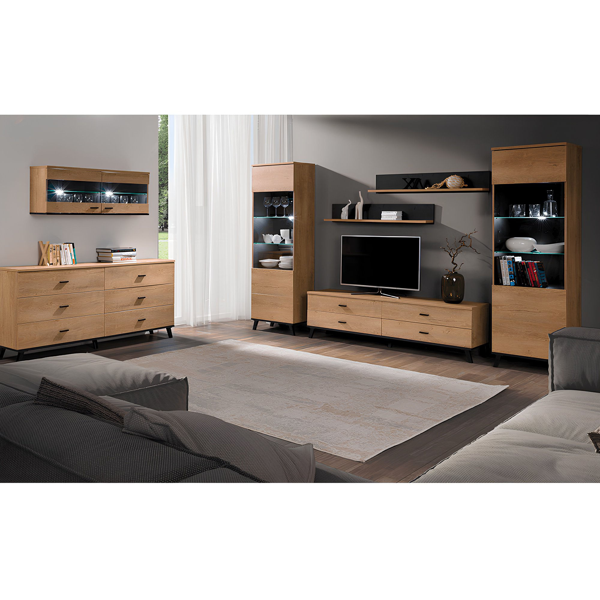 Vitrina, stejar lefkas/negru, SIRAN TYP 2 — imaginea 4
