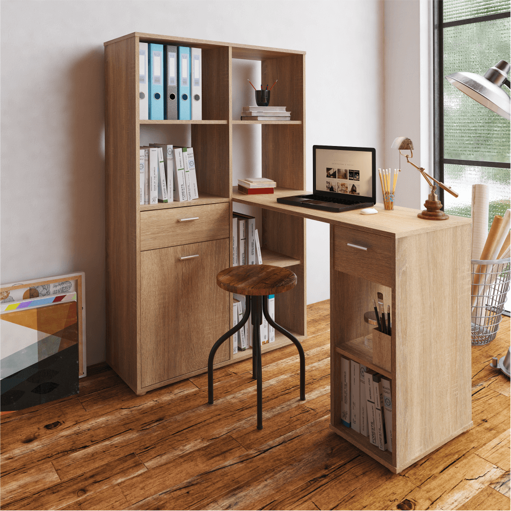 Masa PC cu etajera, stejar sonoma, MINESON — imaginea 2