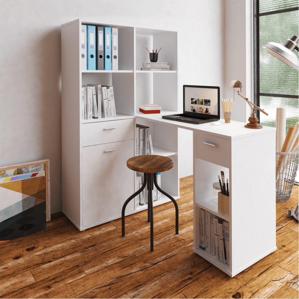 Masa PC cu etajera, alb, MINESON — imaginea 3