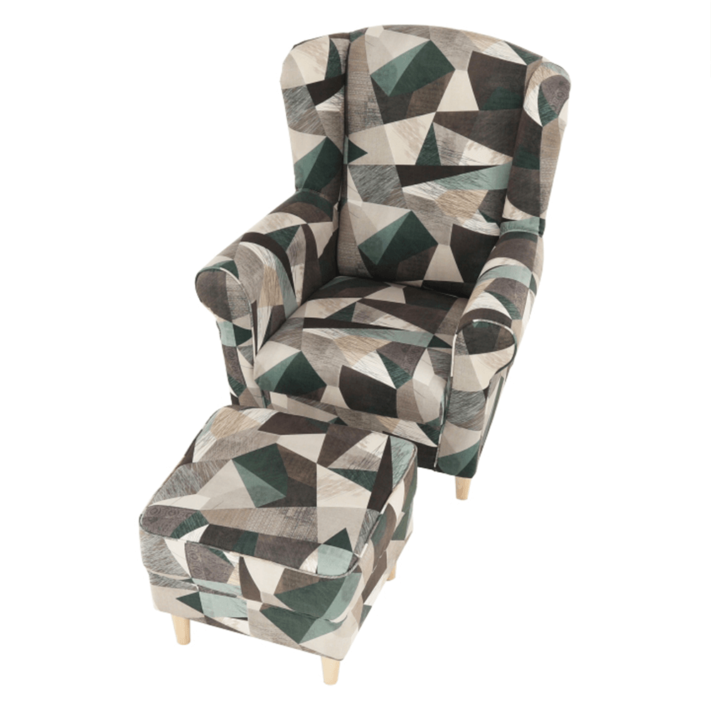 Fotoliu cu taburet, material maro-verde cu model, ASTRID — imaginea 5