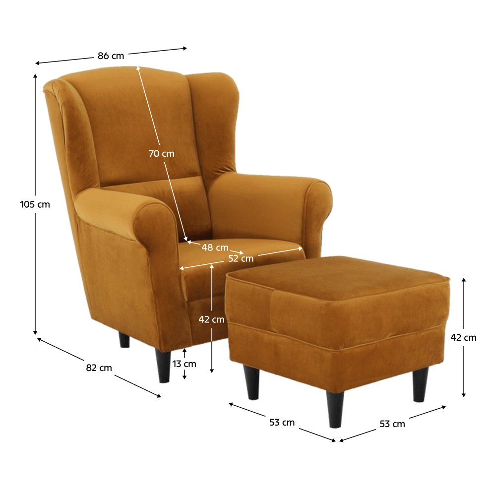 Fotoliu cu taburet, material mustar, ASTRID — imaginea 14