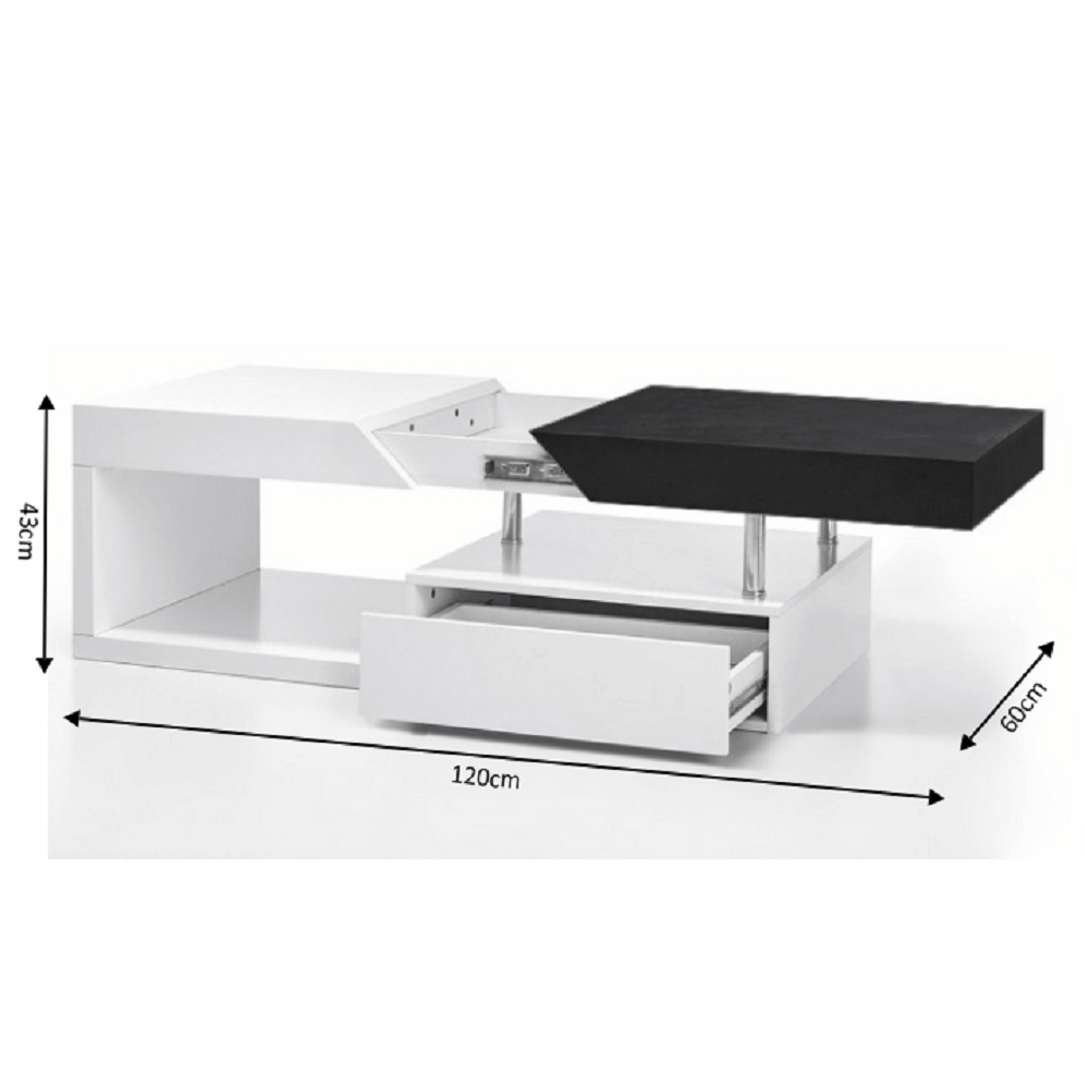 Masuta de cafea, alb extra lucios HG/gri cu design din lemn, MELIDA — imaginea 2