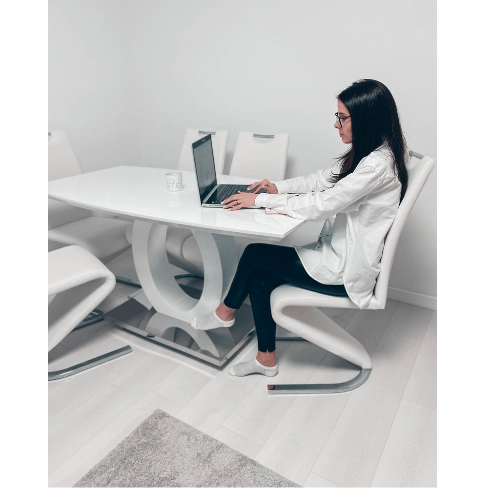 Masa dining, alb extra lucios HG/otel, 150x80 cm, ZARNI — imaginea 3