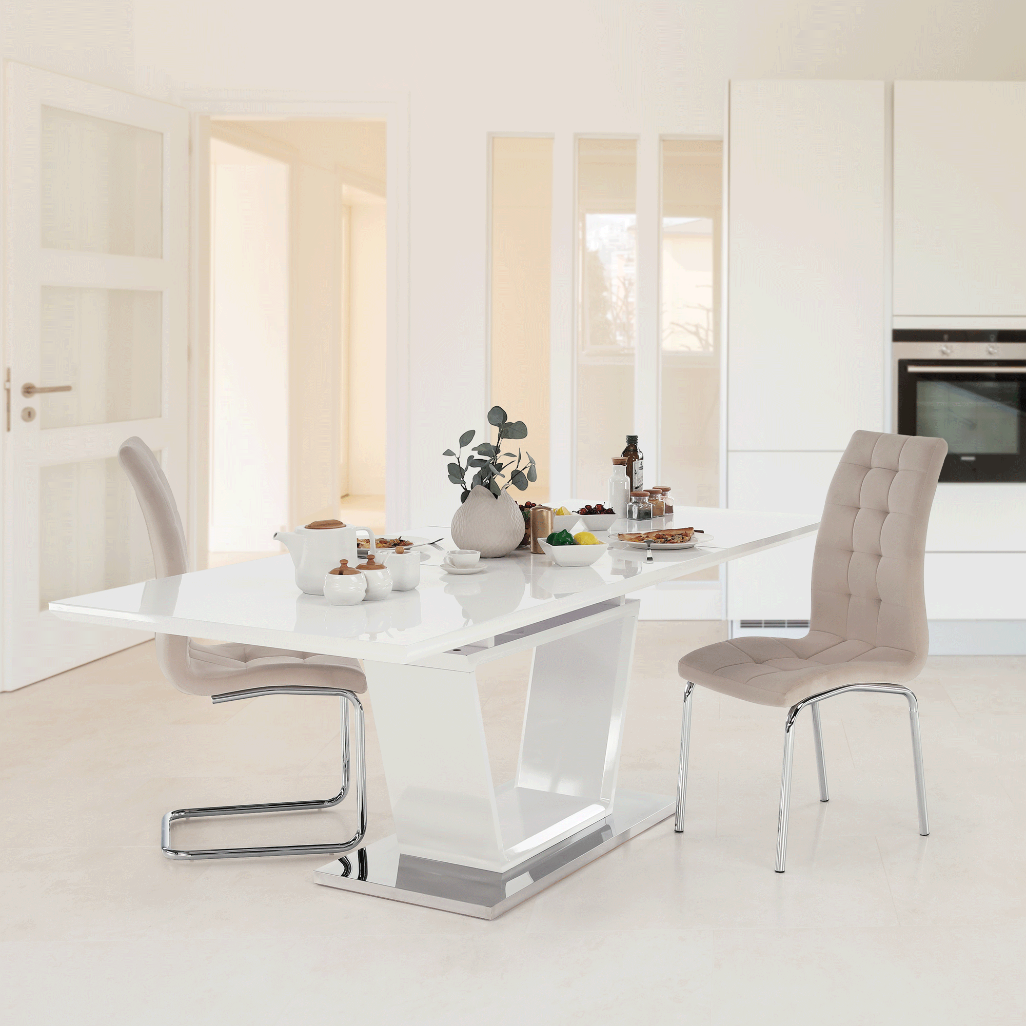 Masa dining, pliabila, alb luciu extra ridicat / otel, 160-220x90 cm, PERAK — imaginea 4