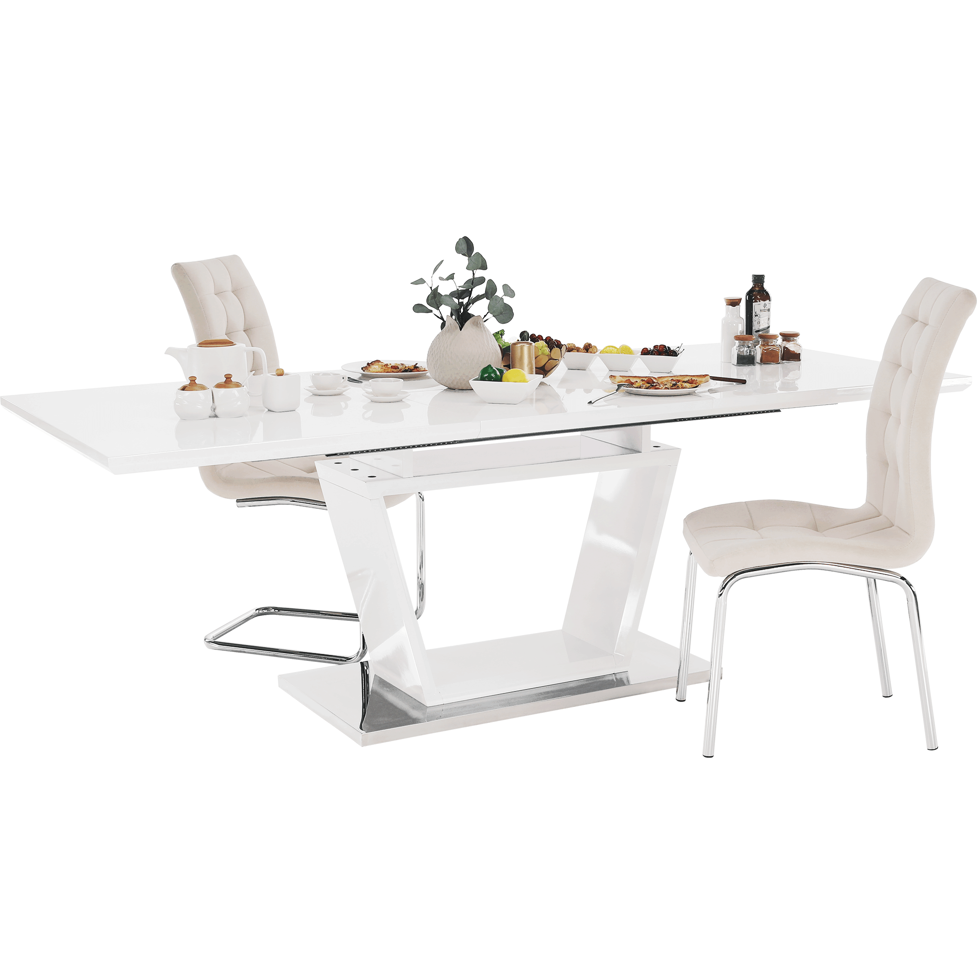 Masa dining, pliabila, alb luciu extra ridicat / otel, 160-220x90 cm, PERAK — imaginea 14