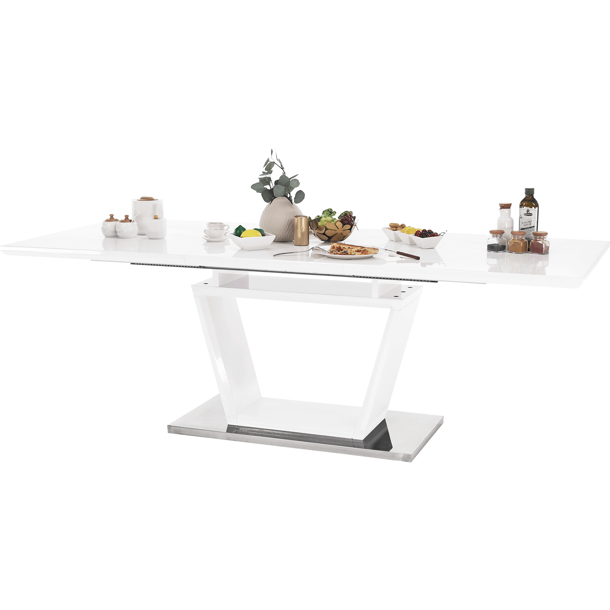 Masa dining, pliabila, alb luciu extra ridicat / otel, 160-220x90 cm, PERAK — imaginea 15