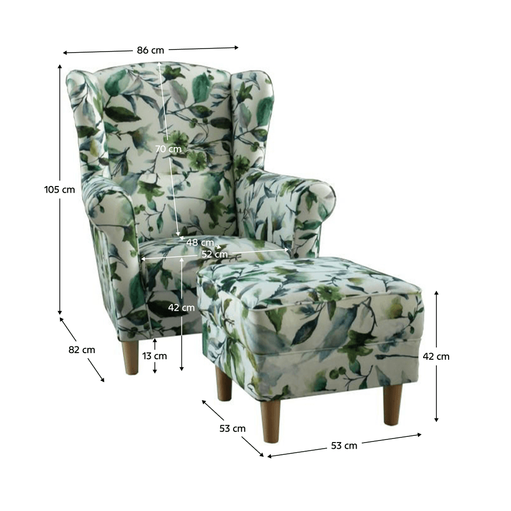 Fotoliu cu taburet, material textil model frunze verzi, ASTRID — imaginea 6