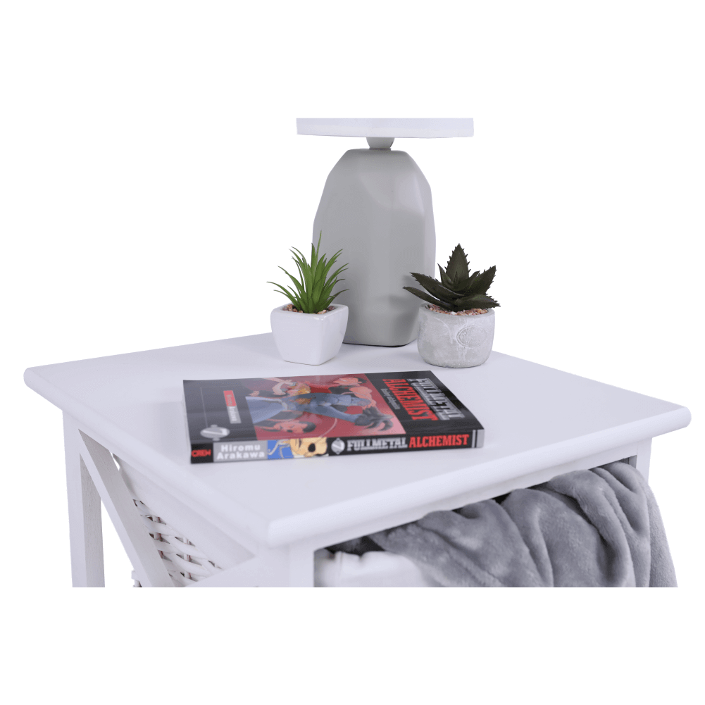 Noptiera, lemn/rachita/material textil, alb, RAFAELLO — imaginea 2
