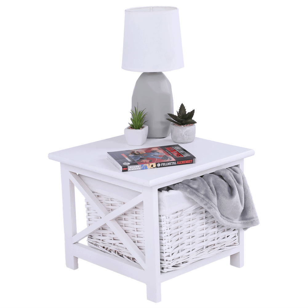 Noptiera, lemn/rachita/material textil, alb, RAFAELLO — imaginea 7