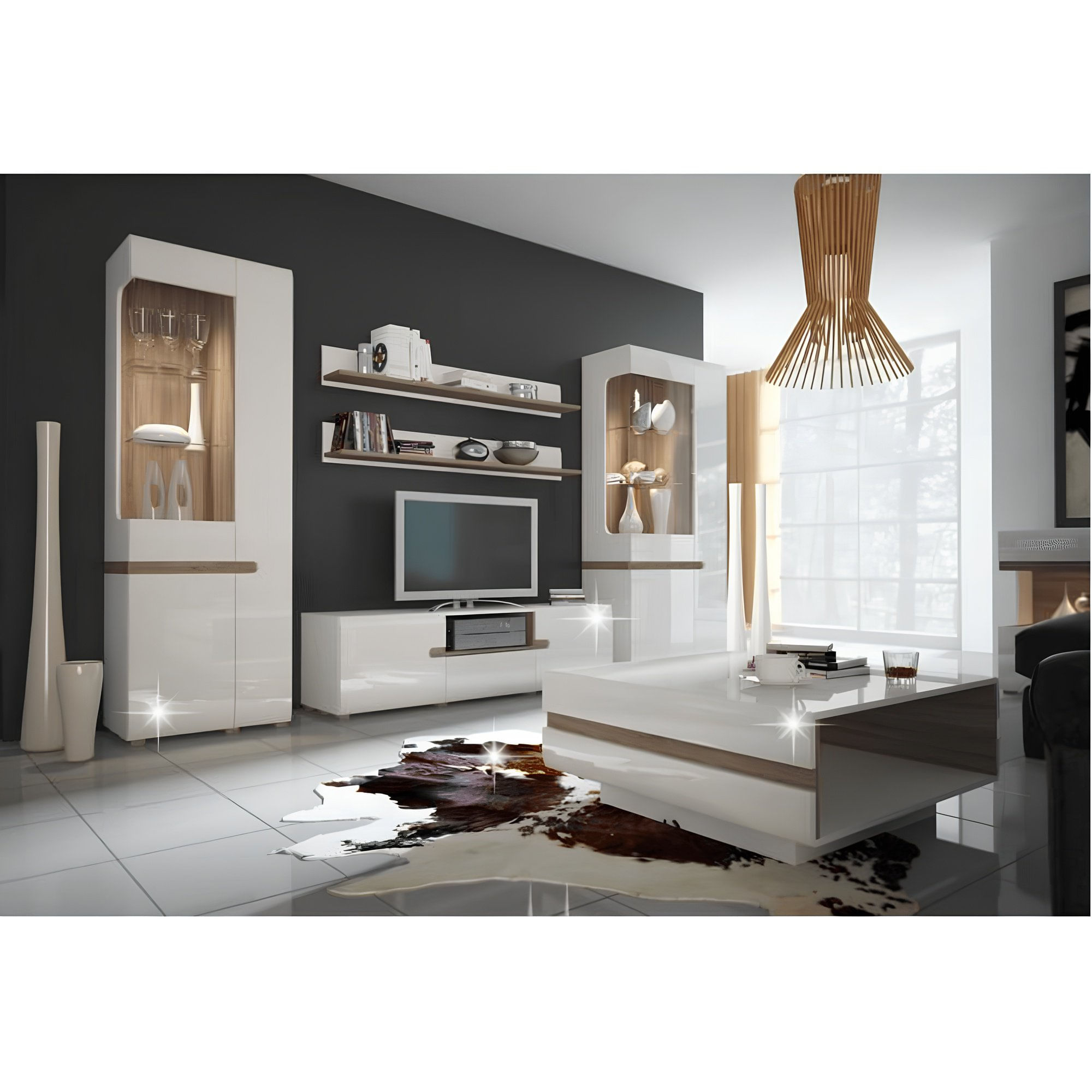 Vitrina, alba extra luciu ridicat HG/stejar sonoma inchis, model stanga, LYNATET TYP 01 — imaginea 2