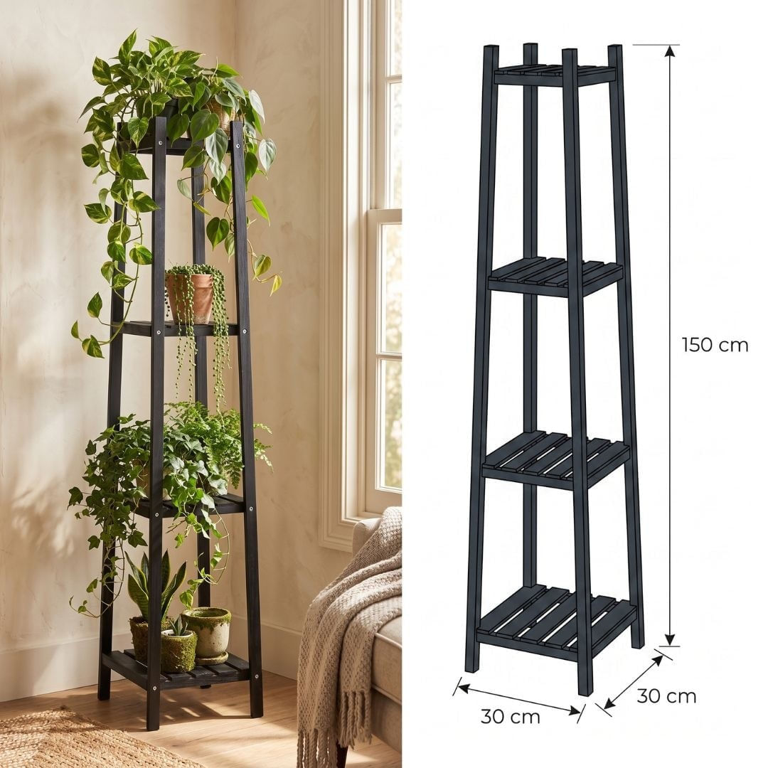 Raft din lemn pentru flori cu 4 polite, culoare negru, 30x30x150 cm — imaginea 3