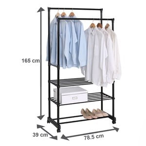 Cuier metalic cu roti si rafturi, 78.5x39x165cm, Negru — imaginea 2