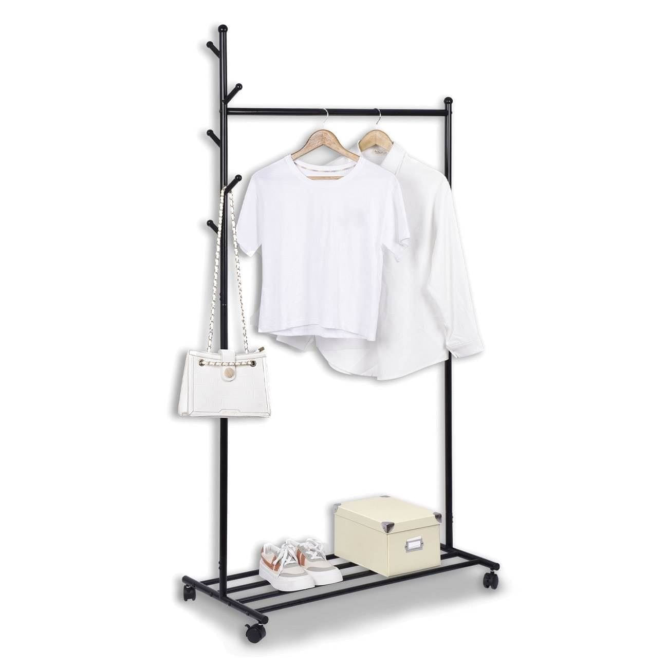 Cuier metalic cu raft si roti, 84x44x170 cm, Negru — imaginea 2