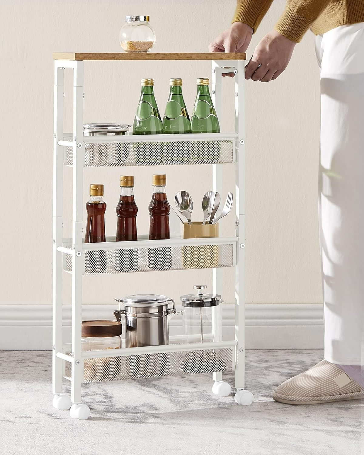 Carucior de bucatarie ingust cu roti, 4 niveluri, cadru metalic, 13x47x77 cm, stejar si alb — imaginea 5