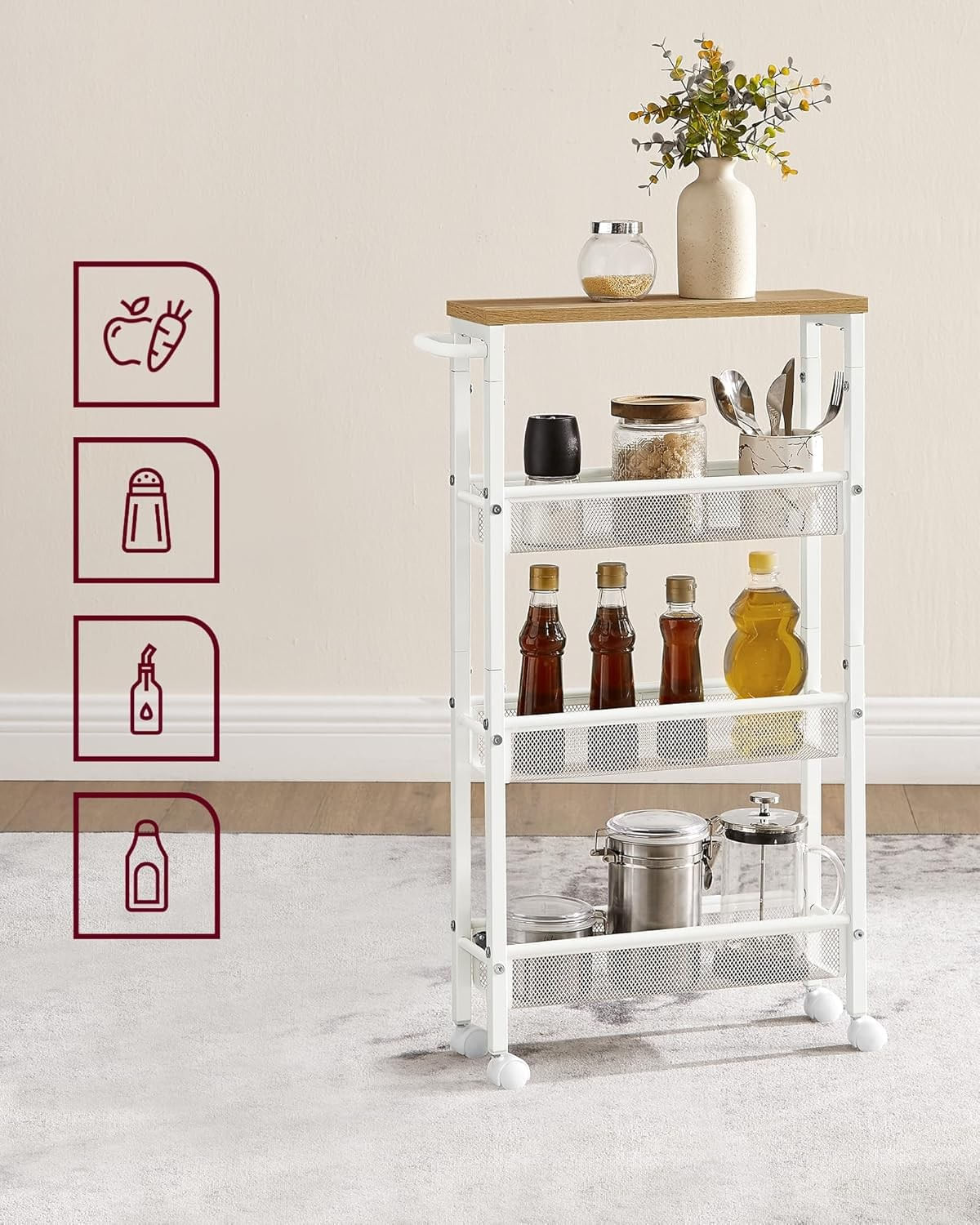 Carucior de bucatarie ingust cu roti, 4 niveluri, cadru metalic, 13x47x77 cm, stejar si alb — imaginea 7