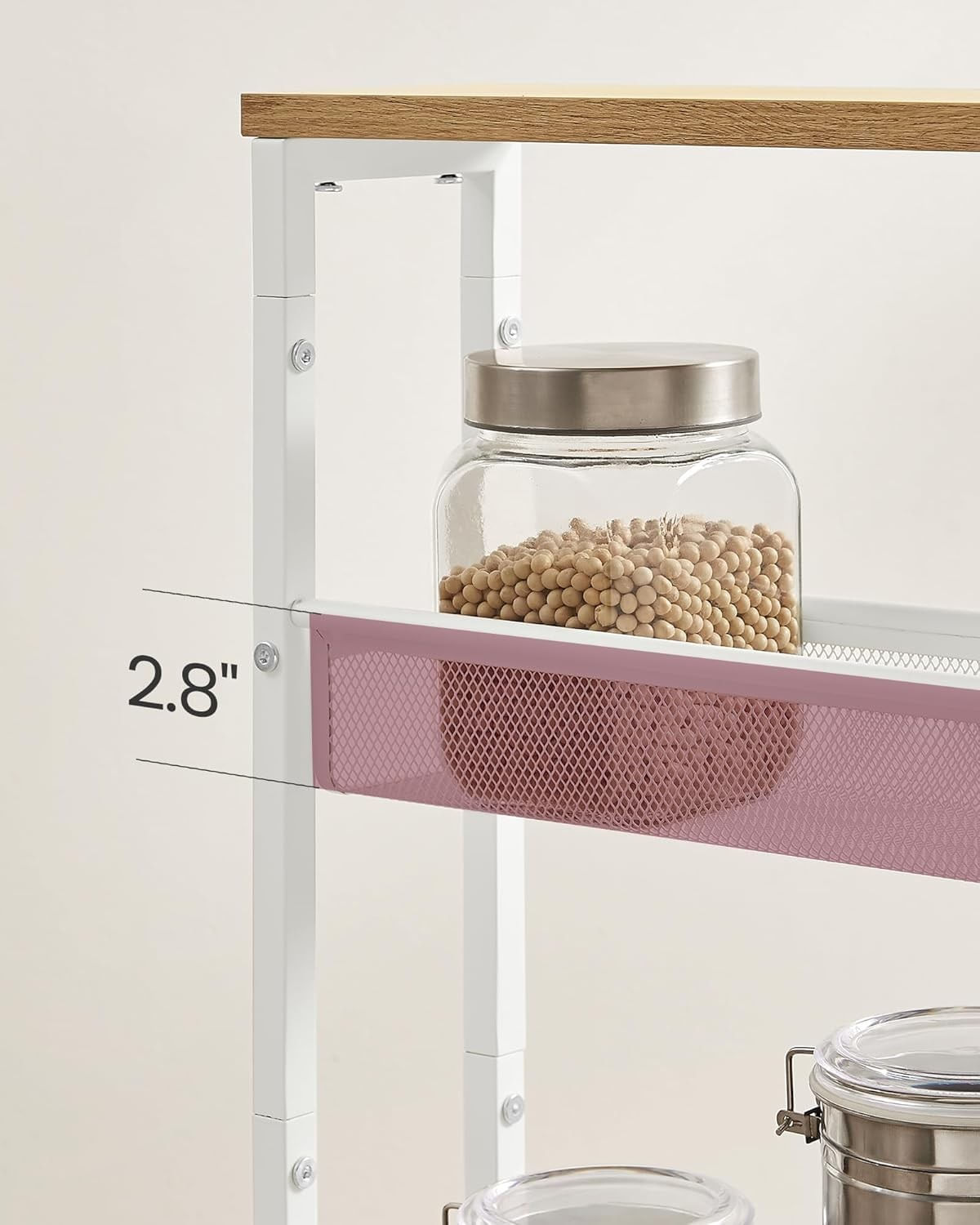 Carucior de bucatarie ingust cu roti, 4 niveluri, cadru metalic, 13x47x77 cm, stejar si alb — imaginea 8