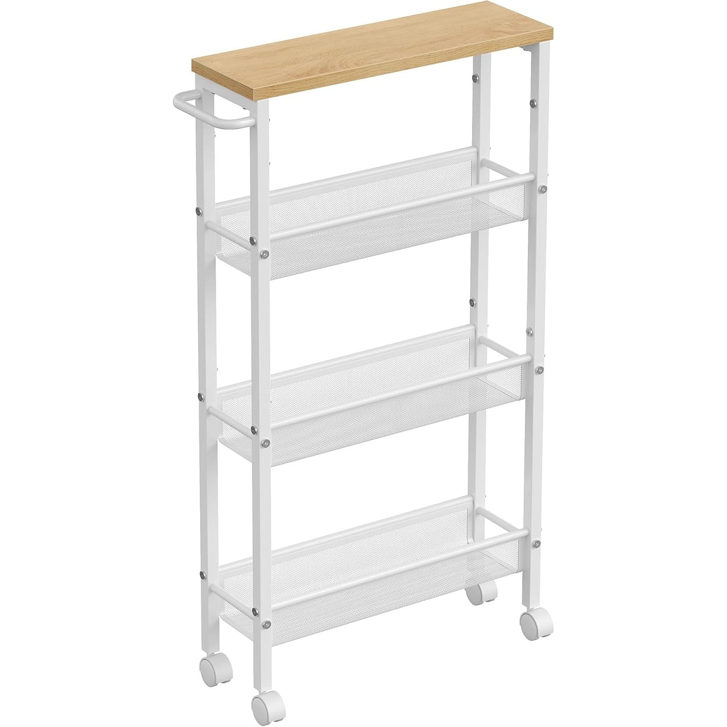 Carucior de bucatarie ingust cu roti, 4 niveluri, cadru metalic, 13x47x77 cm, stejar si alb — imaginea 9