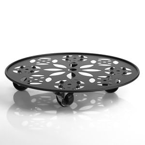 Suport Ghiveci Metalic Negru cu Roti și Model Floral — imaginea 3